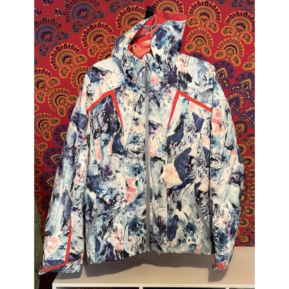 Obermeyer Womens‎ Ski Jacket Size 12 Abstract Watercolor Print Hooded Blue Coral